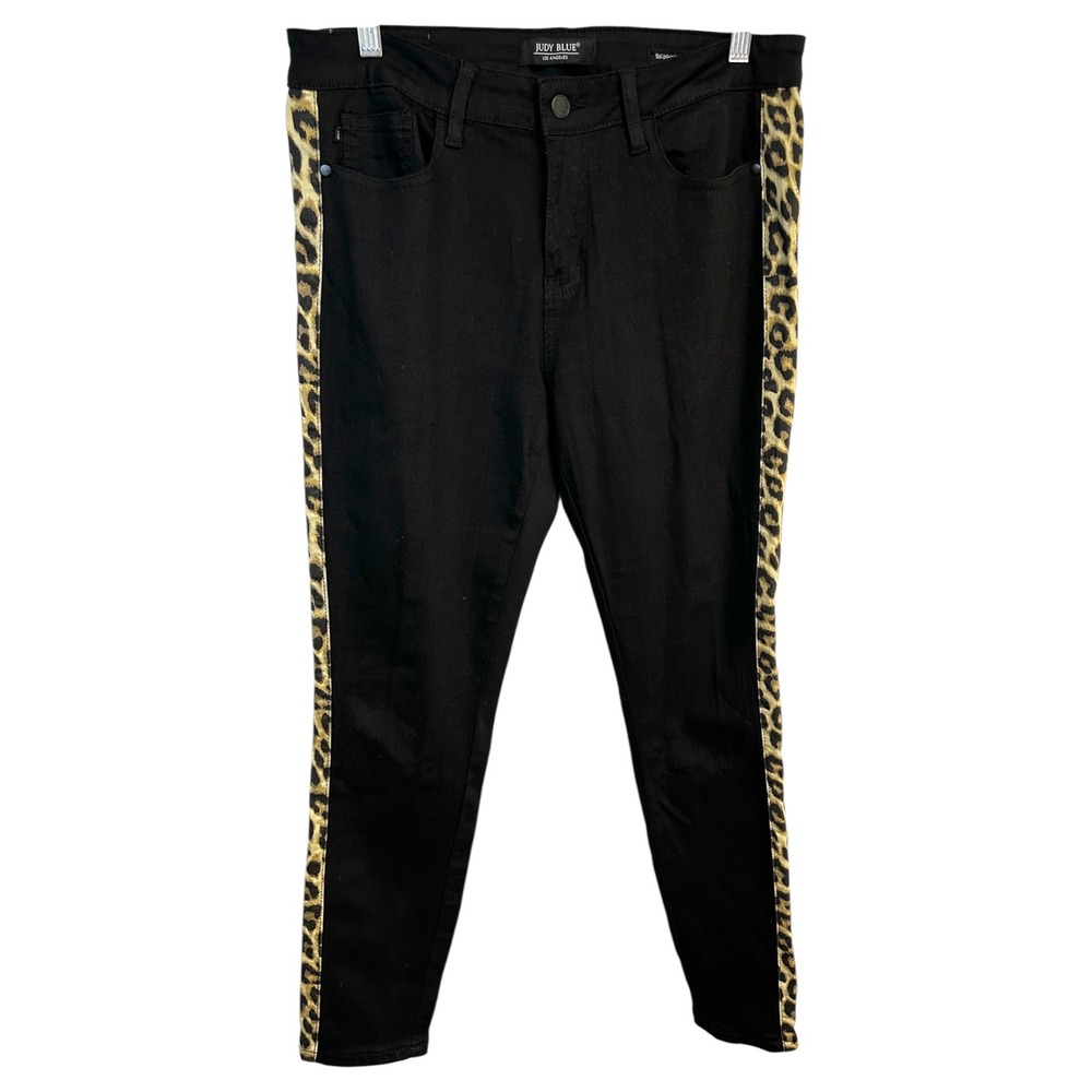 Judy Blue Size 13/31 Jeans Black Skinny Jegging Leopard Stripe Mid Rise 1655 - Picture 2 of 10